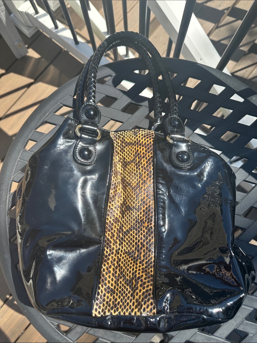 Johnston & Murphy Black Patent Leather Tote with Snake-Print Accent